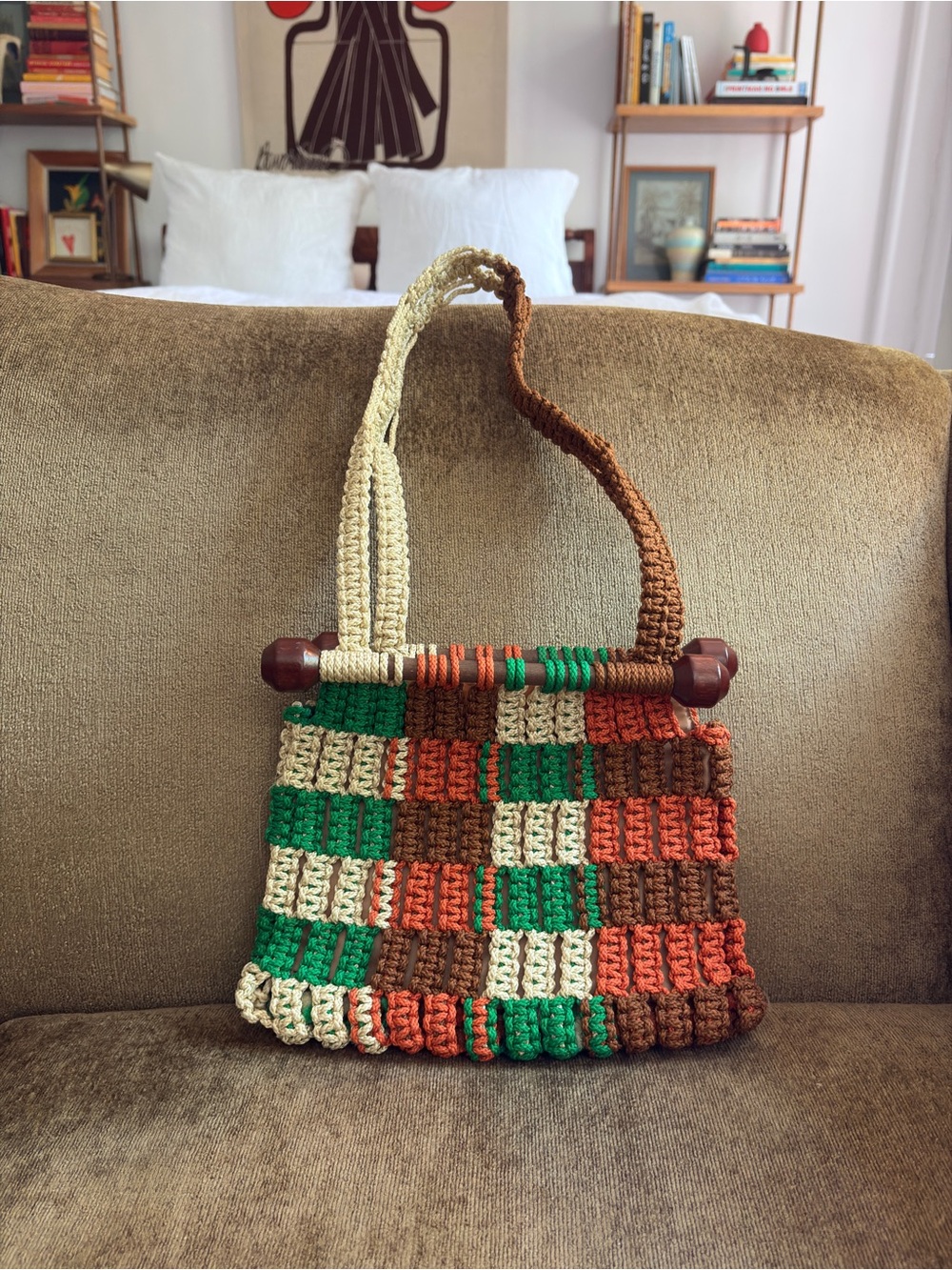 Vintage woven summer bag with wood accents green, brown, cream, and orange
